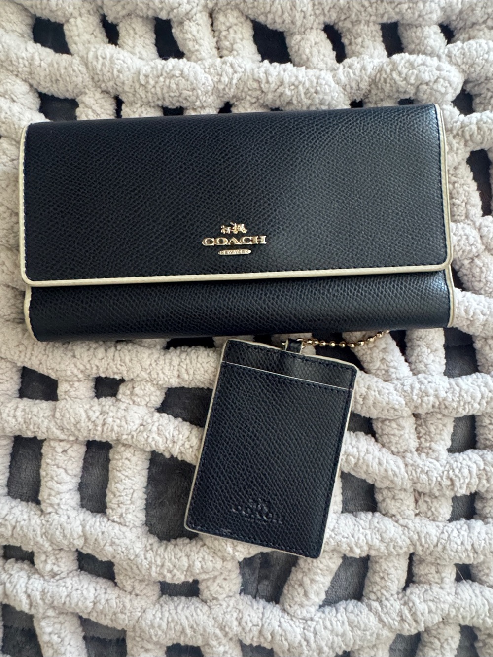 Coach Navy Crossgrain Leather Slim Wallet with Matching ID Card Holder